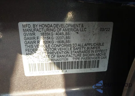 2022 Acura Ilx Premium A-Spec Packages/Technology A-Spec Packages из США, поврежденный, VIN 19UDE2F85NA007539